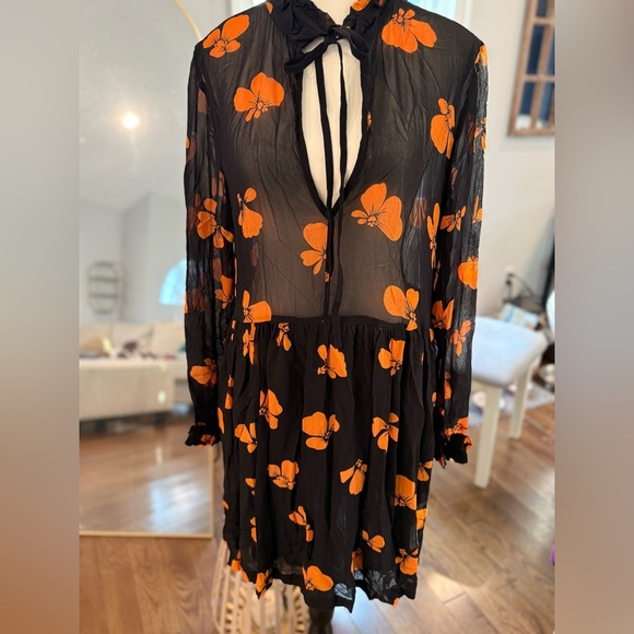 Ganni Dresses & Skirts - Ganni Black Sheer Dress with Orange Floral Design Lined on Bottom